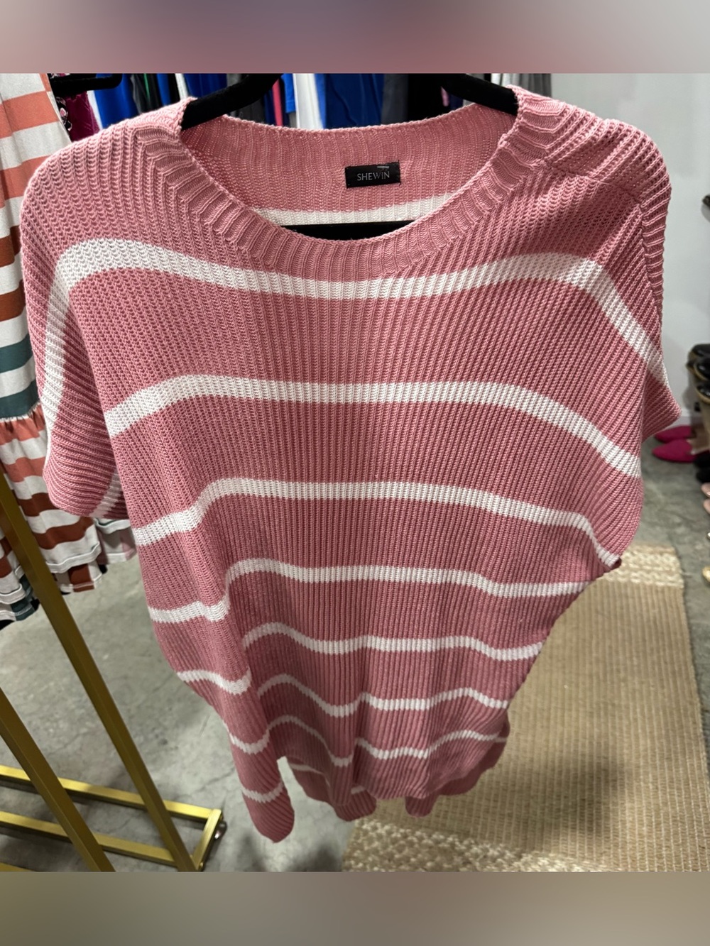 SHEIN Pink & White Striped Crewneck Sweater